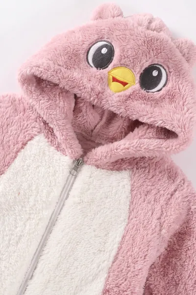 Pudra (0-12 Ay)Kapüşonu  Ördek Nakışlı  Peluş Kız Bebek Tulum 494425