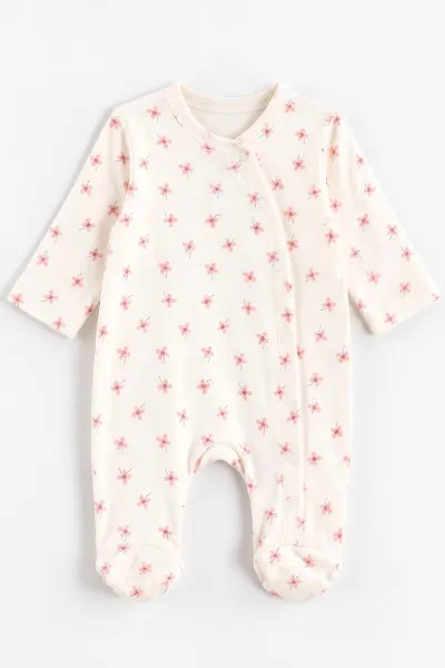 Pudra (0-3 Ay) Always Love Baskılı Penye ve Şapkalı 2'li Kız Bebek Tulum 492590