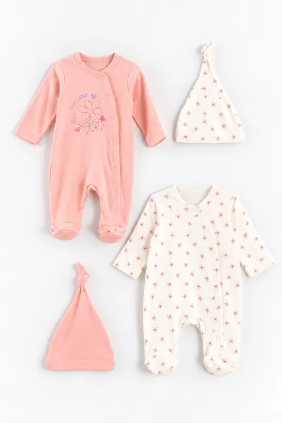Pudra (0-3 Ay) Always Love Baskılı Penye ve Şapkalı 2'li Kız Bebek Tulum 492590
