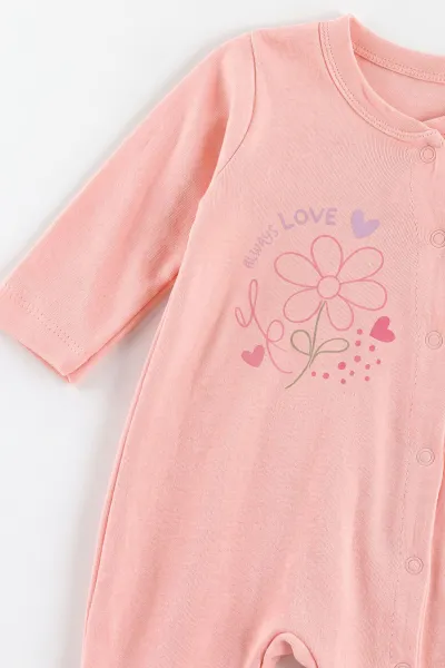 Pudra (0-3 Ay) Always Love Baskılı Penye ve Şapkalı 2'li Kız Bebek Tulum 492590