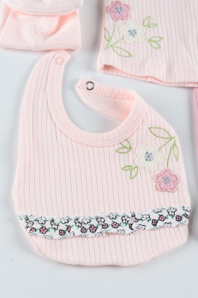 Pudra (0-3 Ay) Çiçek Nakışlı Yaka Detaylı 5'li Kız Bebe takım 201253