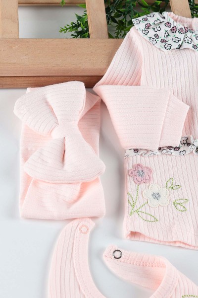 Pudra (0-3 Ay) Çiçek Nakışlı Yaka Detaylı 5'li Kız Bebe takım 201253