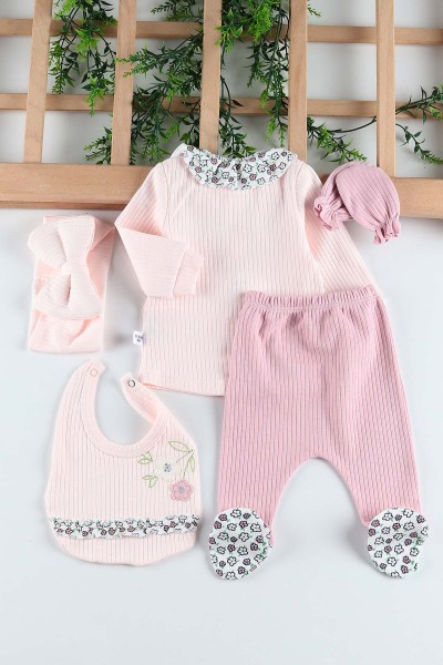 Pudra (0-3 Ay) Çiçek Nakışlı Yaka Detaylı 5'li Kız Bebe takım 201253