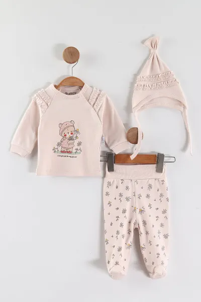 Pudra (0-3 Ay) Papatyalı Ayıcık Baskılı   Patikli Kız Bebek 3'lü Zıbın Takım 453757