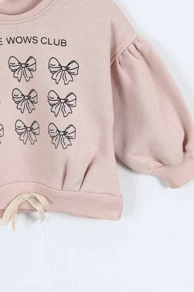 Pudra (0-4 Yaş) Fiyonk ve Taş Baskılı 3  İp Şardonlu Kız Çocuk Sweatshirt 415023