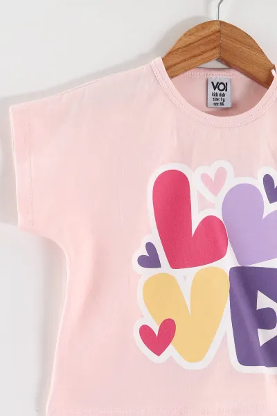 Pudra (0-4 Yaş) Love Baskılı Tişörtlü Desenli Şortlu Süprem Kız Çocuk Yazlık Takım 461133