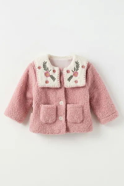 Pudra (0-4 Yaş) Yakası Çiçek Nakışlı  Kuzu Kız Çocuk&Bebek  Hırka 498583