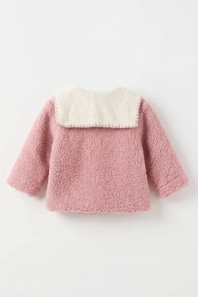 Pudra (0-4 Yaş) Yakası Çiçek Nakışlı  Kuzu Kız Çocuk&Bebek  Hırka 498583