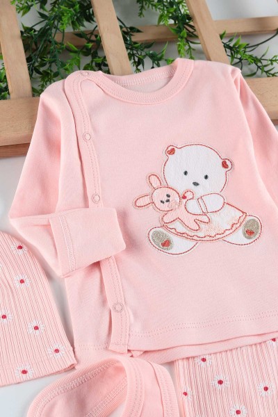Pudra (0-6 Ay) Tavşan Ayı Nakışlı Çiçek Baskılı Kız Bebe Takım 201159