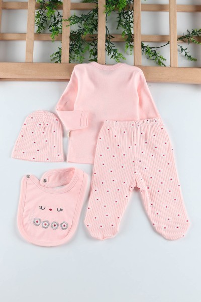 Pudra (0-6 Ay) Tavşan Ayı Nakışlı Çiçek Baskılı Kız Bebe Takım 201159