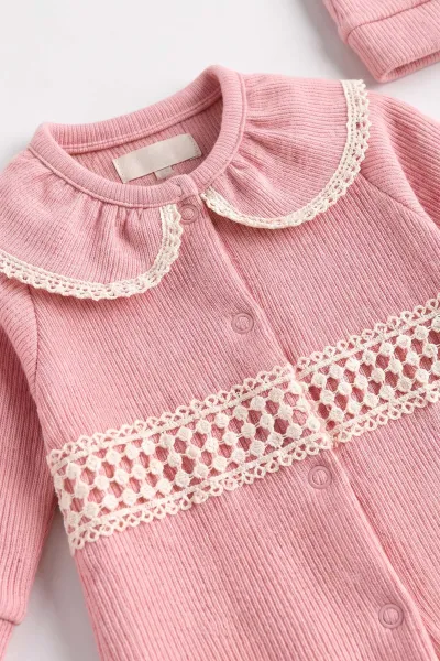 Pudra (0-9 Ay)  Fisto Yakalı  Waffle Kumaş Çıtçıtlı Şapkalı Kız Bebek Tulum 486977