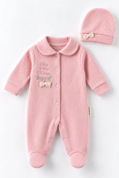 Pudra (0-9 Ay)  Fiyonklu Çiçek Nakışlı Waffle Kumaş Çıtçıtlı Şapkalı Kız Bebek Tulum 486984
