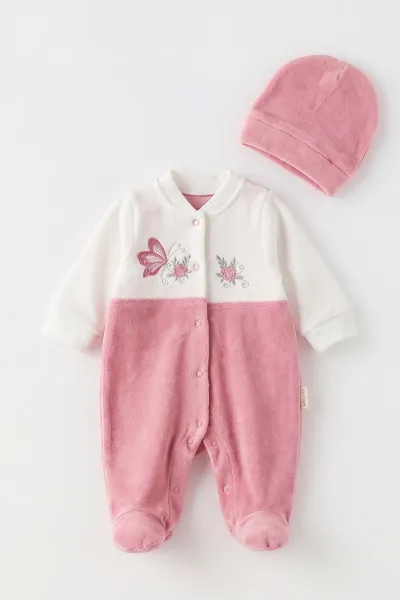 Pudra (0-9 Ay) Kelebek Nakışlı Patikli Şapkalı Kadife Kız Bebek Tulum 497900