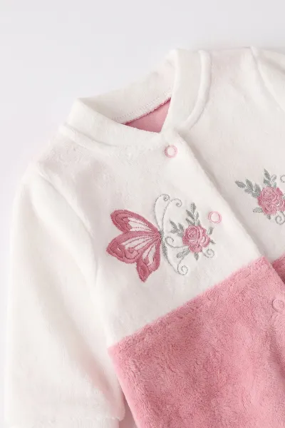 Pudra (0-9 Ay) Kelebek Nakışlı Patikli Şapkalı Kadife Kız Bebek Tulum 497900