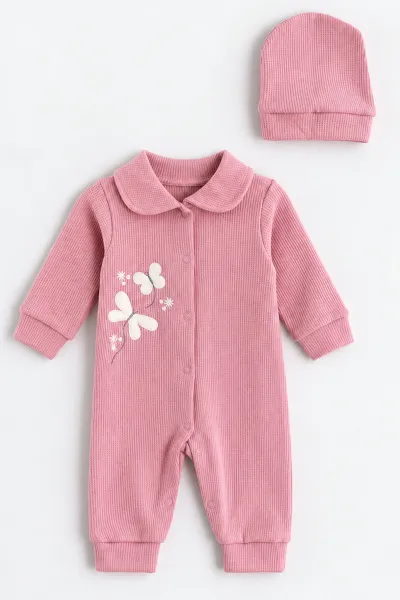 Pudra (0-9 Ay)  Kelebek Nakışlı Waffle Kumaş Çıtçıtlı Şapkalı Kız Bebek Tulum 486999