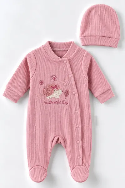 Pudra (0-9 Ay)  Kirpi Nakışlı Waffle Kumaş Çıtçıtlı Şapkalı Kız Bebek Tulum 486989