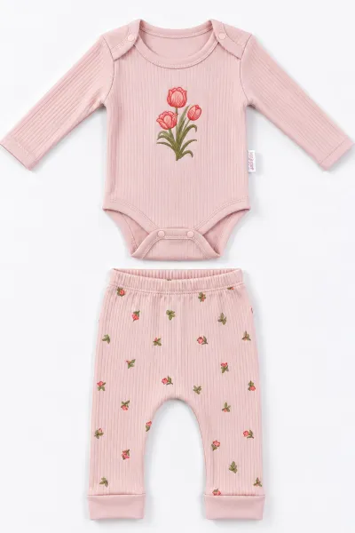Pudra (0-9 Ay) Lale Nakışlı   Kız Bebek Takım 480477