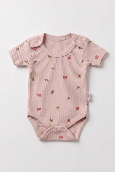 Pudra (0-9 Ay )  Minik Lale   Baskılı Kısa Kol  Bebek & Çocuk Çıtçıtlı Badi 480436