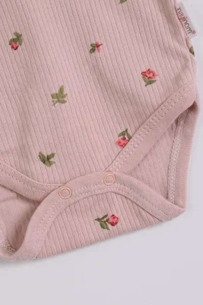 Pudra (0-9 Ay )  Minik Lale   Baskılı Kısa Kol  Bebek & Çocuk Çıtçıtlı Badi 480436