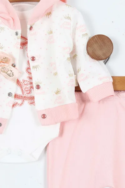 Pudra (0-9 Ay)  Princess Nakışlı   Zıbınlı Kapüşonlu Hırkalı   Kız  Bebek 3'lü Takım 408490
