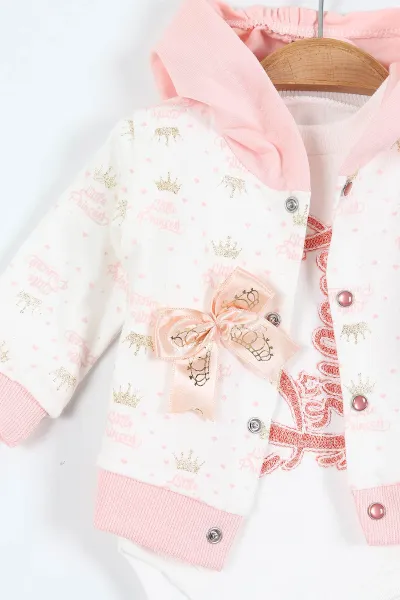 Pudra (0-9 Ay)  Princess Nakışlı   Zıbınlı Kapüşonlu Hırkalı   Kız  Bebek 3'lü Takım 408490