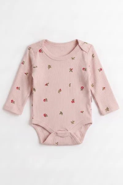 Pudra (0-9 Ay )Raporlu Lale Desenli  Uzun Kollu Kız    Bebek & Çocuk Çıtçıtlı Badi 480380