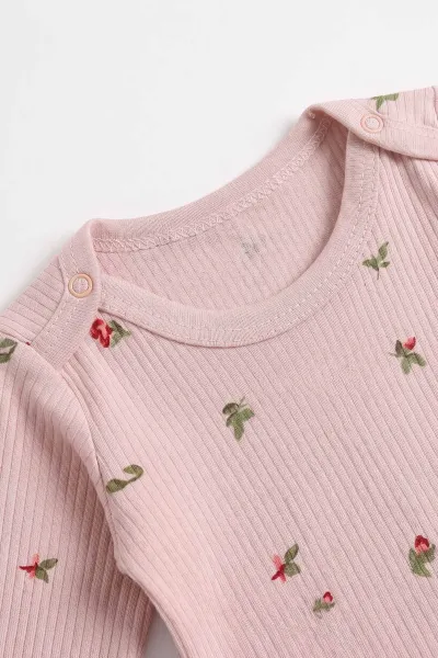 Pudra (0-9 Ay )Raporlu Lale Desenli  Uzun Kollu Kız    Bebek & Çocuk Çıtçıtlı Badi 480380
