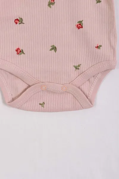 Pudra (0-9 Ay )Raporlu Lale Desenli  Uzun Kollu Kız    Bebek & Çocuk Çıtçıtlı Badi 480380