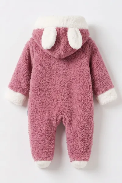 Pudra (0-9 Ay) Tavşan Nakışlı Kapüşonlu Peluş Kız Bebek Tulum 495666