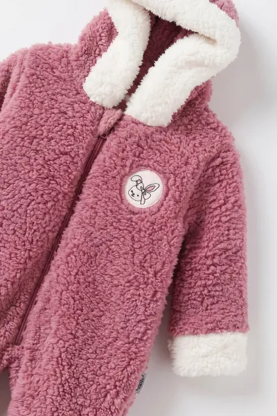 Pudra (0-9 Ay) Tavşan Nakışlı Kapüşonlu Peluş Kız Bebek Tulum 495666