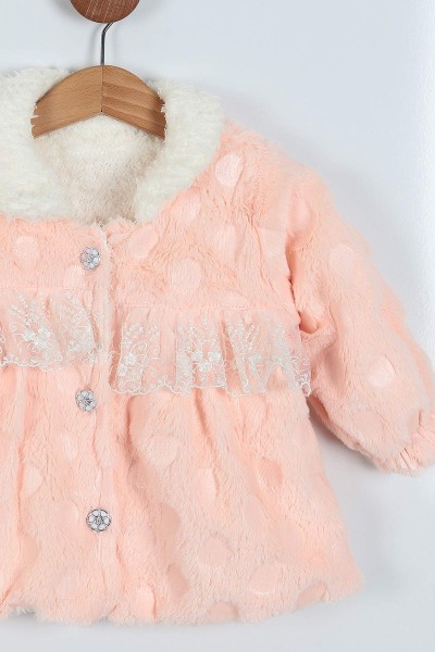 Pudra (1-3 Yaş) Düğmeli Kürklü Kız Bebe Mont 223317