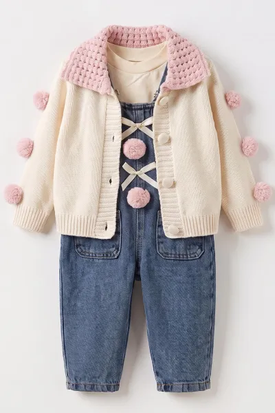 Pudra (1-3 Yaş)Triko  Hırkalı Kot Salopetli Kız Çocuk 3'lü Takım 484850
