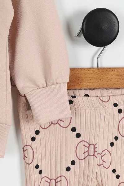 Pudra (1-4 Yaş) Fiyonk Desenli Alt Fitilli Taytlı Kız Çocuk Mevsimlik Takım 425872