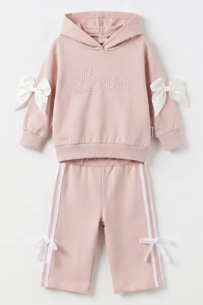 Pudra (1-4 Yaş) Love İnci Baskılı Kapüşonlu Sweatli  2 İp Kız Çocuk&Bebek 2'li Takım 495255