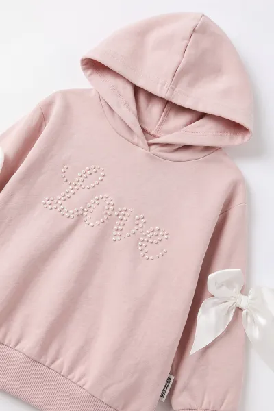 Pudra (1-4 Yaş) Love İnci Baskılı Kapüşonlu Sweatli  2 İp Kız Çocuk&Bebek 2'li Takım 495255
