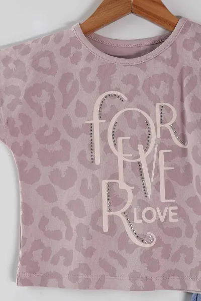 Pudra (1-5 Yaş) For Love Taş Baskılı  Tensel Pantolonlu Kız Çocuk Yazlık Takım 436638