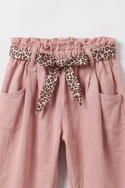 Pudra (1-5 Yaş) Leopar Kemerli Gömlek ve Ceketli Gabardin Kız Çocuk 3'lü Takım 473404
