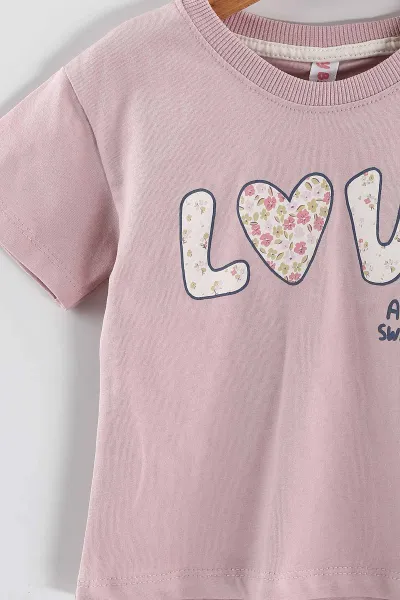 Pudra (1-5 Yaş) Love Baskılı  Çiçekli Şortlu Kız Çocuk Yazlık Takım 439228