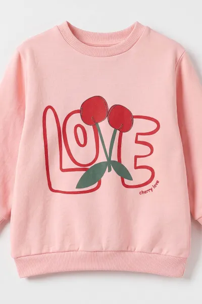 Pudra (1-5 Yaş) Love Kiraz Baskılı Alt Çizgili 2 İp Şardonlu Kız Çocuk Takım 496164