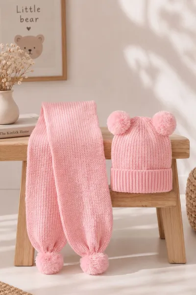 Pudra (1-5 Yaş) Ponponlu Kız  Çocuk Atkı Bere Takım 475064