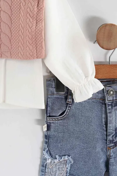 Pudra (1-5 Yaş)  Yaka Nakışlı Gömlekli Saç Örgülü Süveterli Kot Pantolonlu Kız Çocuk 3'lü Takım 442766