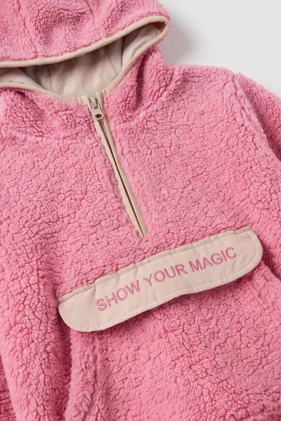 Pudra (1-8 Yaş) Nakışlı Kapüşonlu Kanguru Cepli Yarım Fermuarlı Kuzu Kız &Bebek Çocuk Sweatshirt 496331