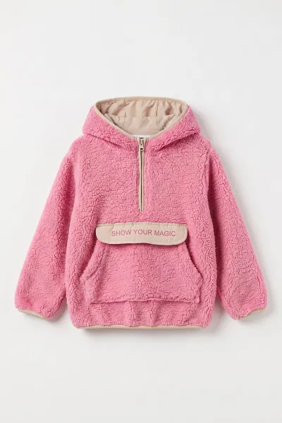 Pudra (1-8 Yaş) Nakışlı Kapüşonlu Kanguru Cepli Yarım Fermuarlı Kuzu Kız &Bebek Çocuk Sweatshirt 496331