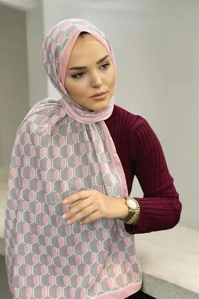 Pudra 180X70 cm Dijital Baskı Chaıne Desenli Pamuk Şal 333216