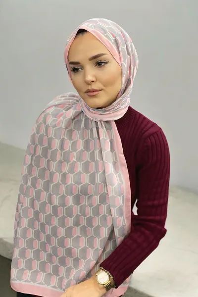 Pudra 180X70 cm Dijital Baskı Chaıne Desenli Pamuk Şal 333216