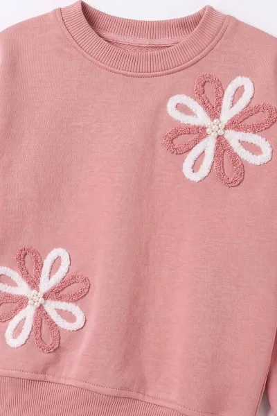 Pudra (2-11 Yaş)  Süzene Nakışlı İçi Şardonlu Kız Çocuk Sweatshirt 499984
