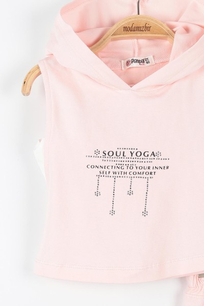 Pudra (2-5 Yaş) Yoga Baskılı Taş Detaylı Kapüşonlu Kız Çocuk Takım 176269