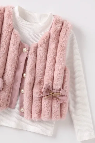 Pudra (2-6 Yaş) Gabardin Şort Etekli Peluş Yelekli Kız Çocuk 3'Lü Takım 483644