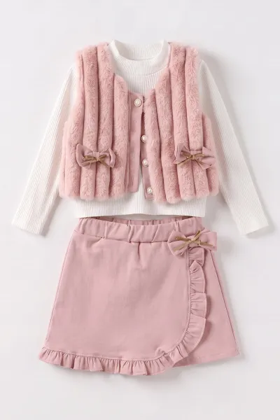 Pudra (2-6 Yaş) Gabardin Şort Etekli Peluş Yelekli Kız Çocuk 3'Lü Takım 483644