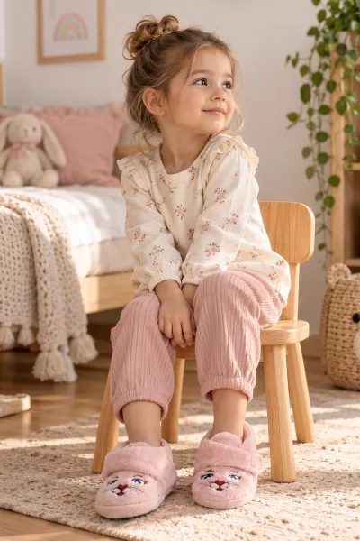 Pudra ( 25 - 30 ) Peluş Cırt Bantlı Kız Çocuk Panduf 499069